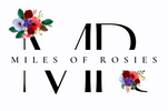 Miles of Rosies logo with floral elements on a white background