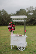 Decorative champagne cart with flowers on a grassy outdoor setting